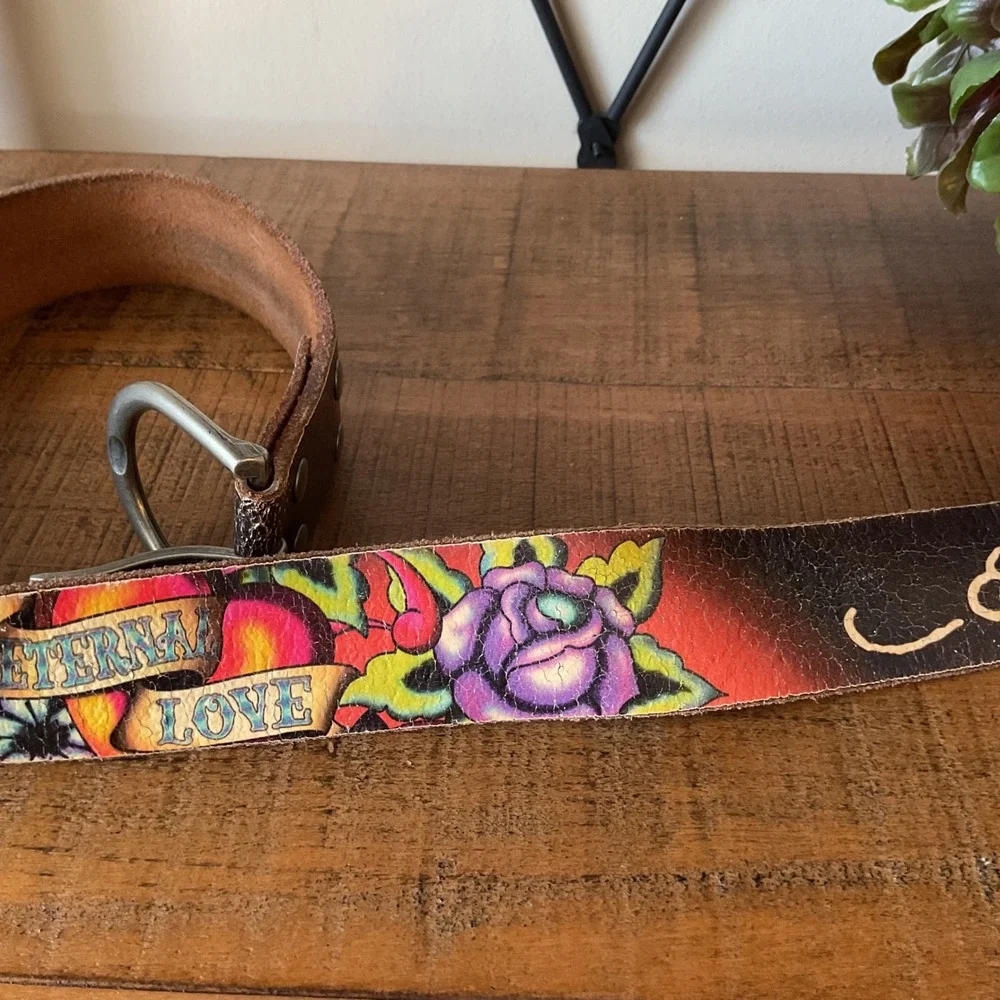 Ed Hardy Eternal Love Leather Tattoo Art Belt Women S Rose Y2K Retro Grunge VTG